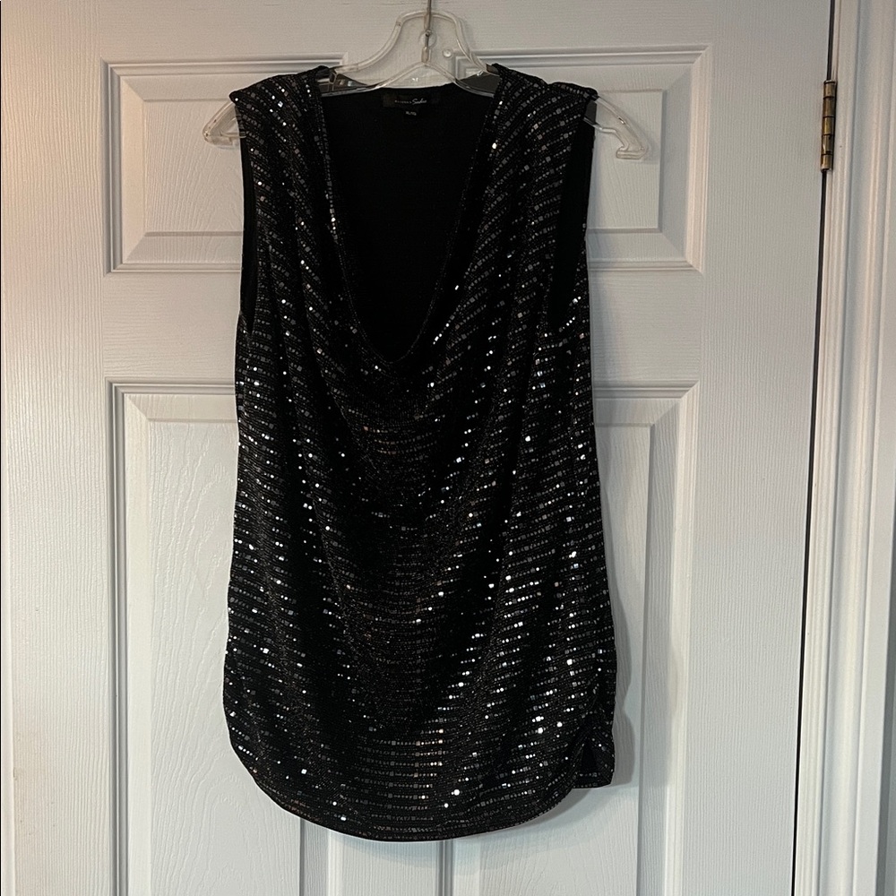 Sloane and Sadie Elegant Black Sequin Drape Top